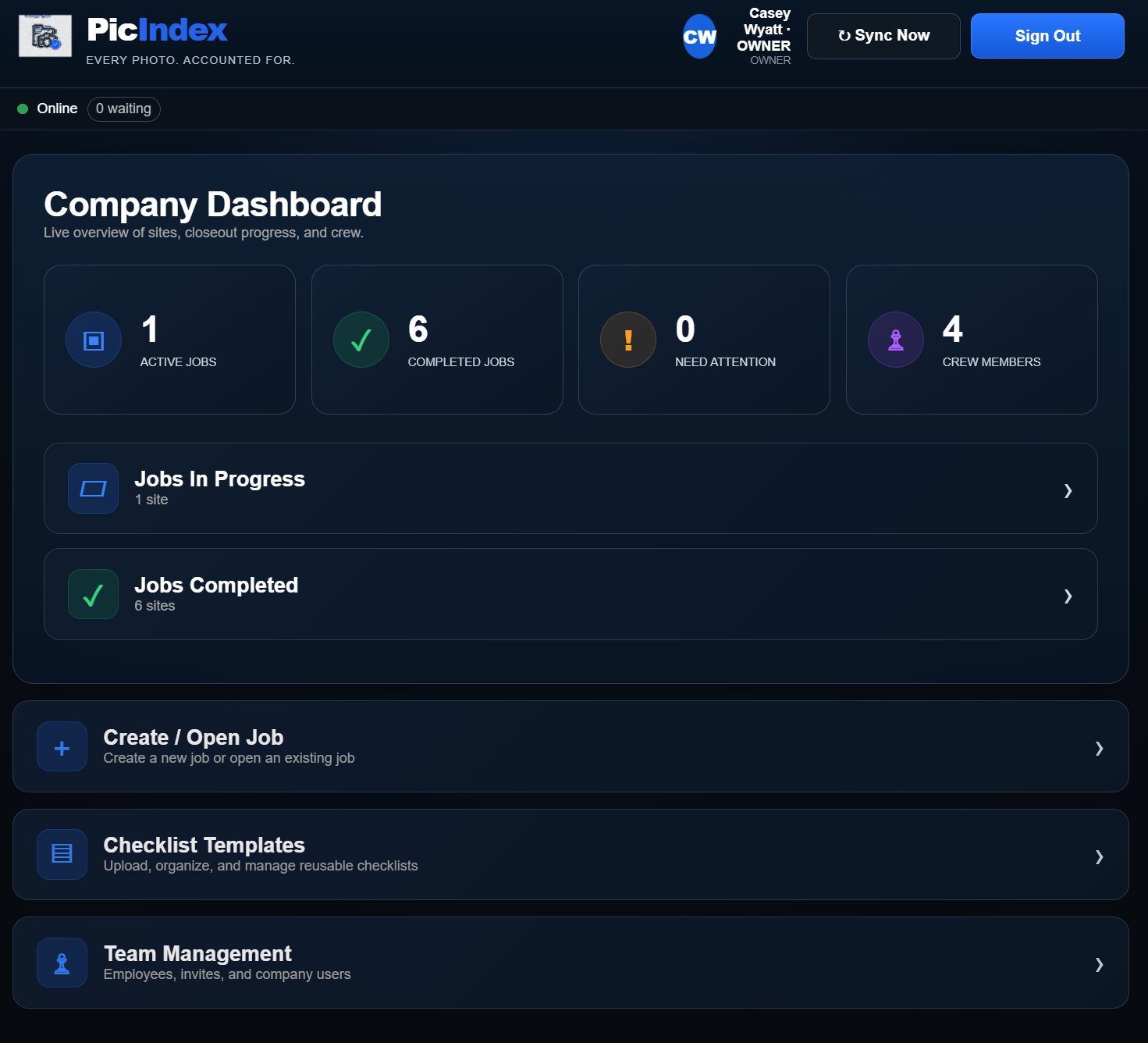 PicIndex dashboard